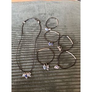 Fossil Charm Necklace Silver‎ Tone Stone & Leather Bracelet Bundle Set